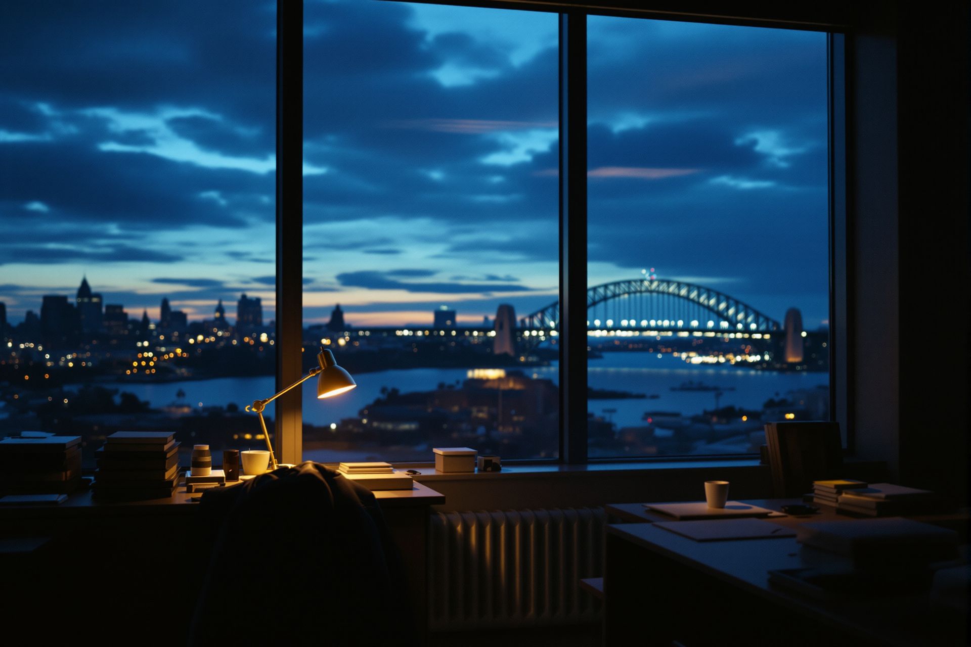 A Sydney office at dusk, the harbour soft in the window