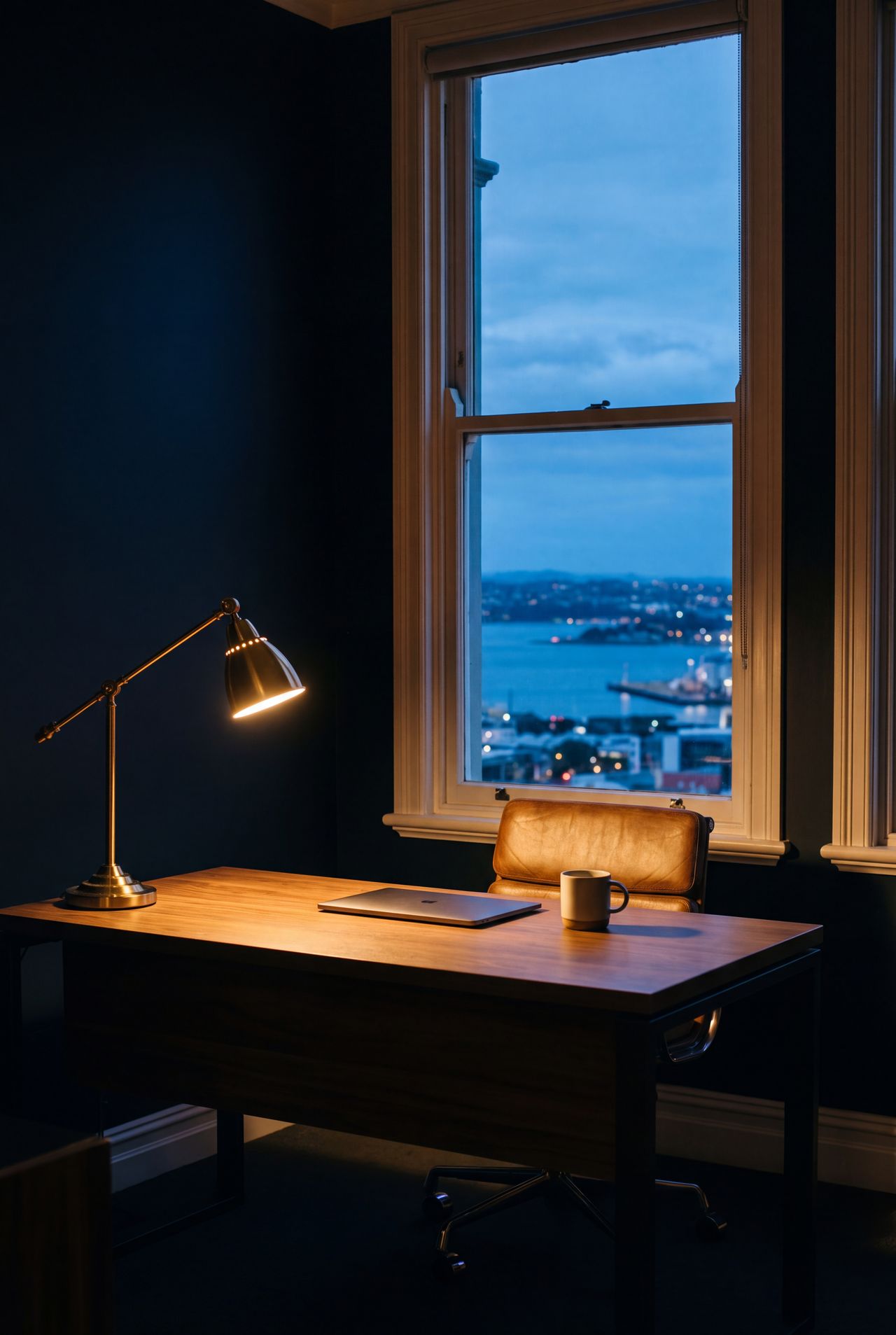 A desk lamp lit by a window over the Auckland harbour at dusk