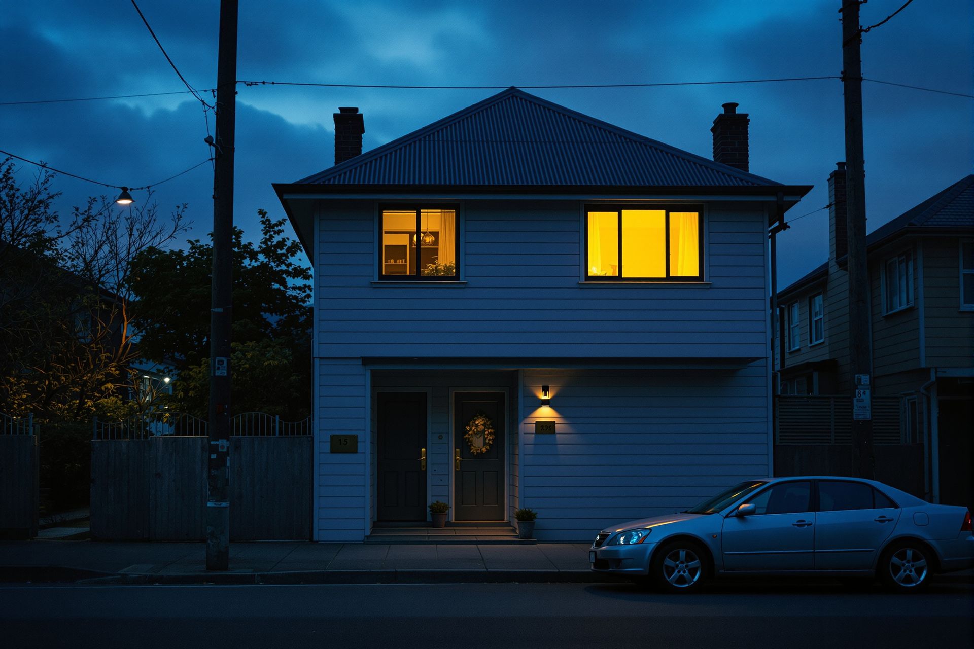 A converted villa used as a small office on a quiet Auckland street at dusk, one window lit