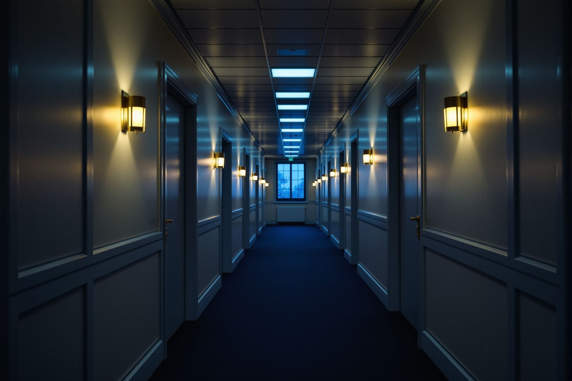 A long office corridor at dusk, brass sconces lit, every door closed