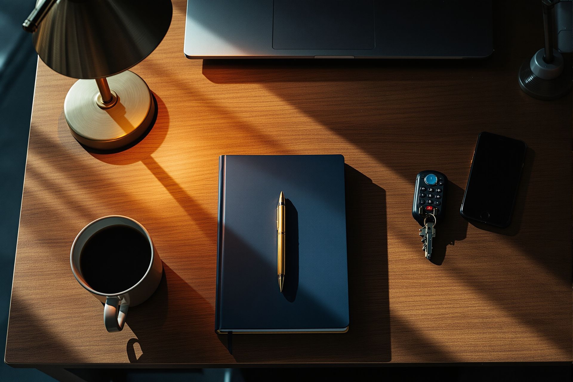 A cleared walnut desk seen from above at the end of the day, a notebook, a pen, a phone face down, keys and one lamp
