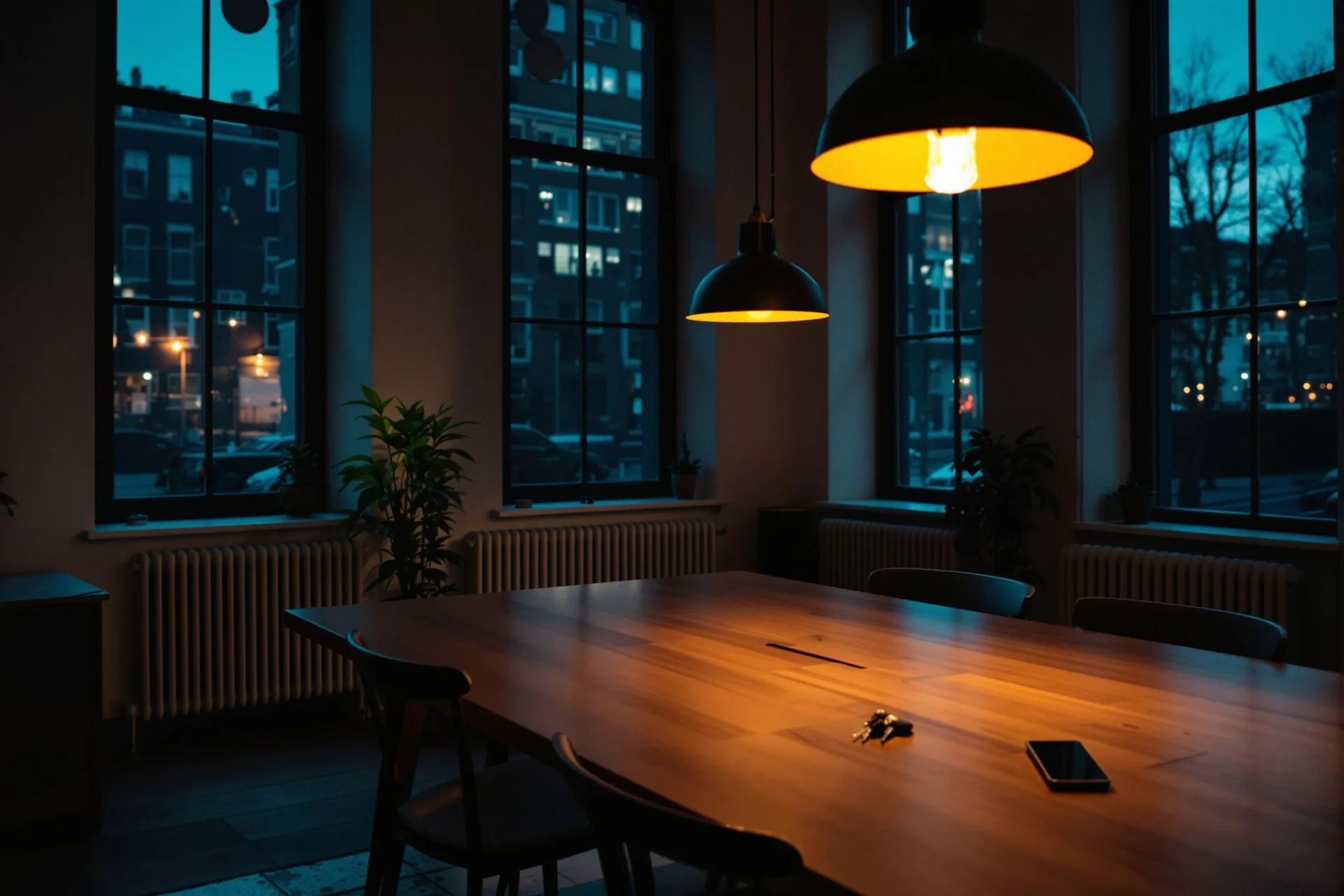 A studio at six in the evening, one pendant light on, keys and a phone left on the table