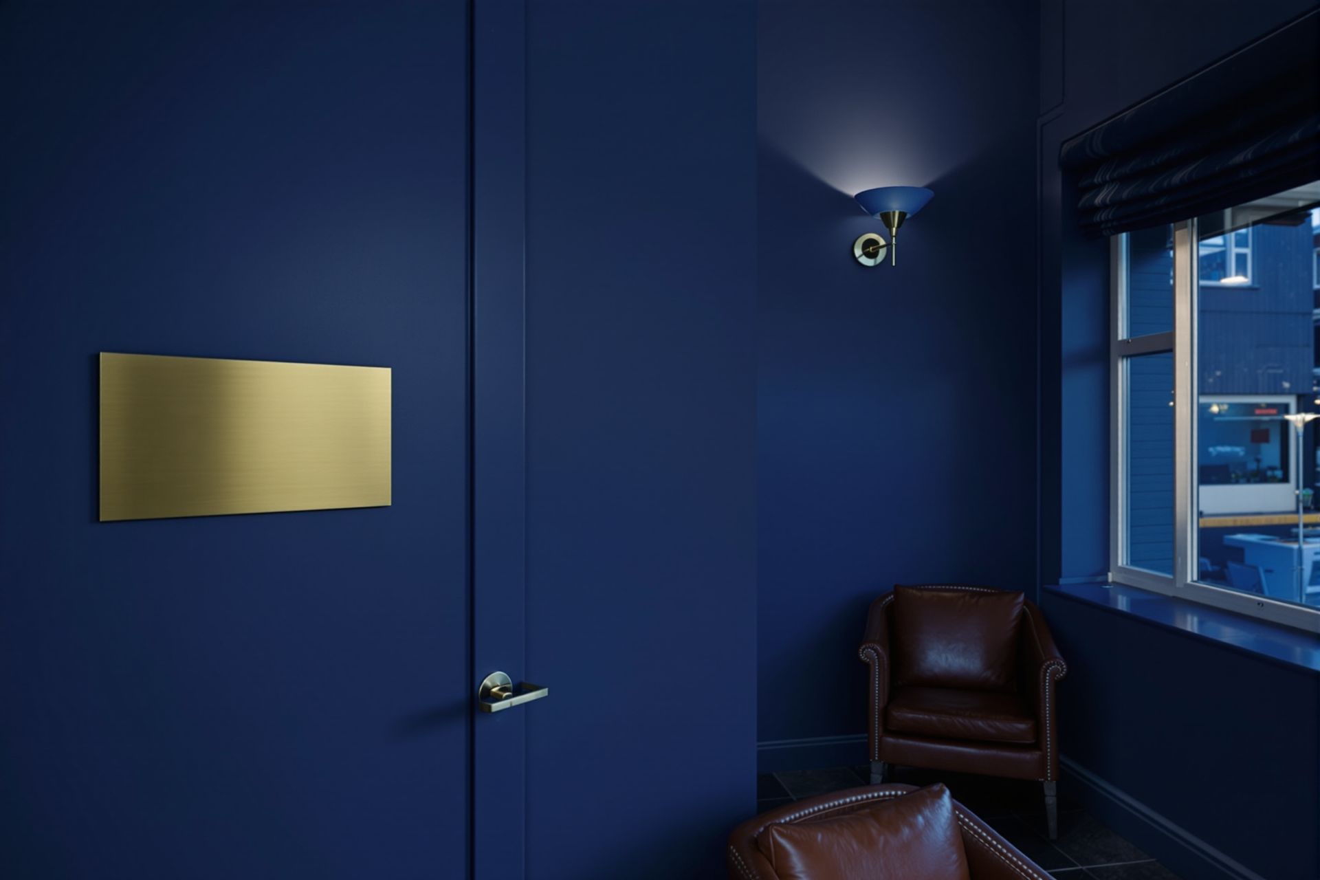 A law firm reception at dusk, a brass plate on the door.