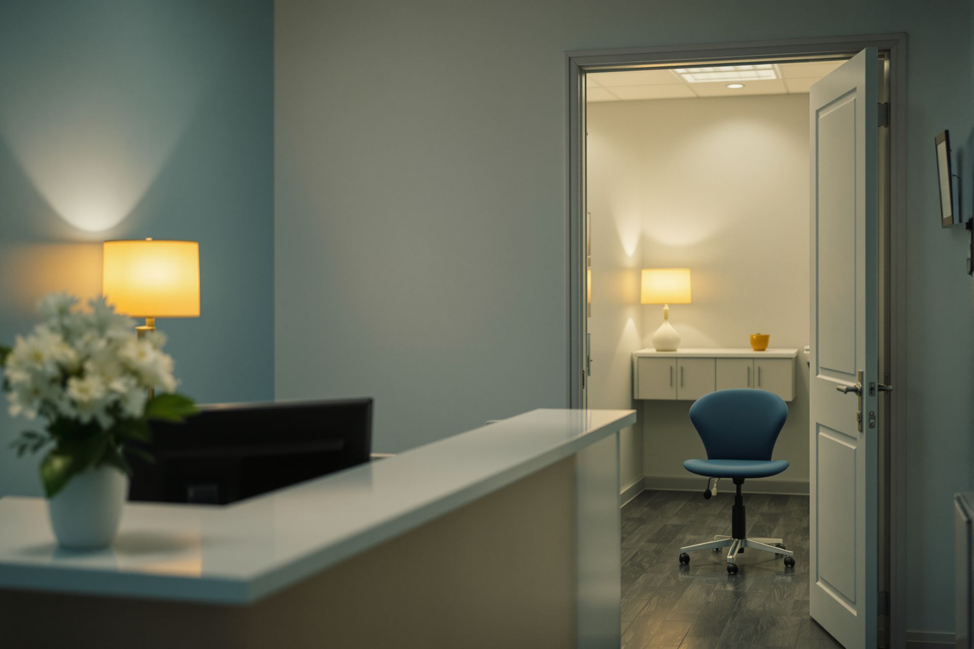 A dental clinic reception at close of day, the lights dimmed