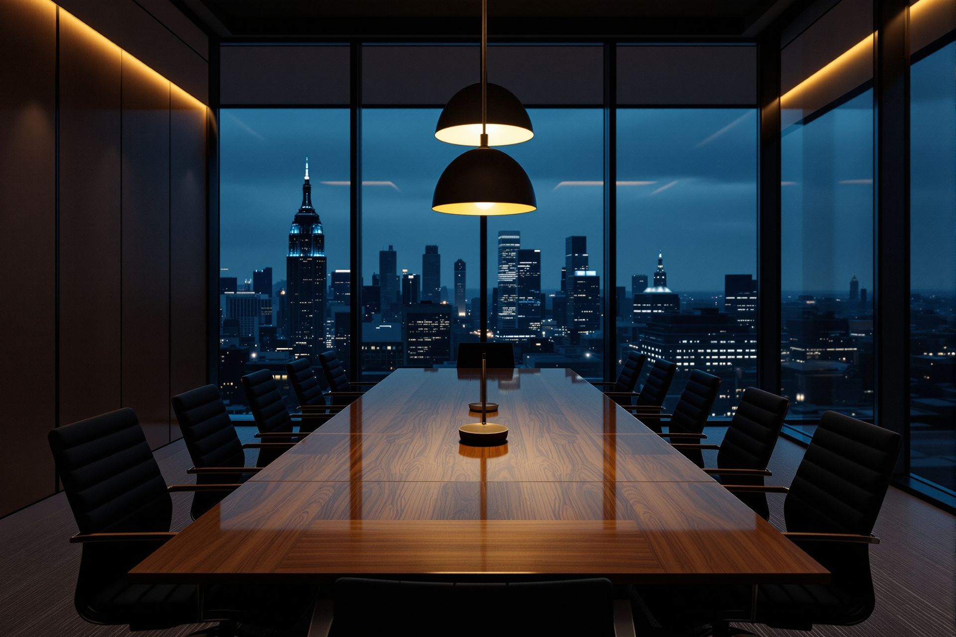 A consultancy boardroom after hours, one pendant light lit over the table