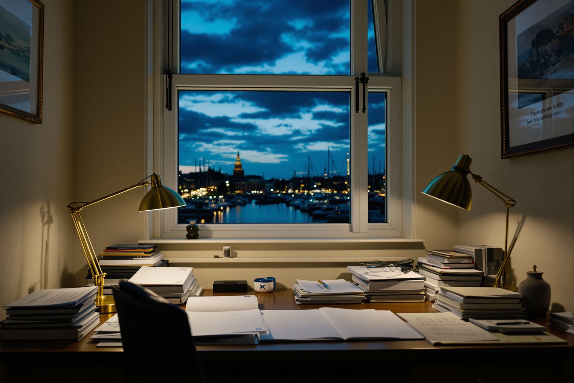 A mortgage adviser's office at dusk, files squared on the desk, a harbour window behind