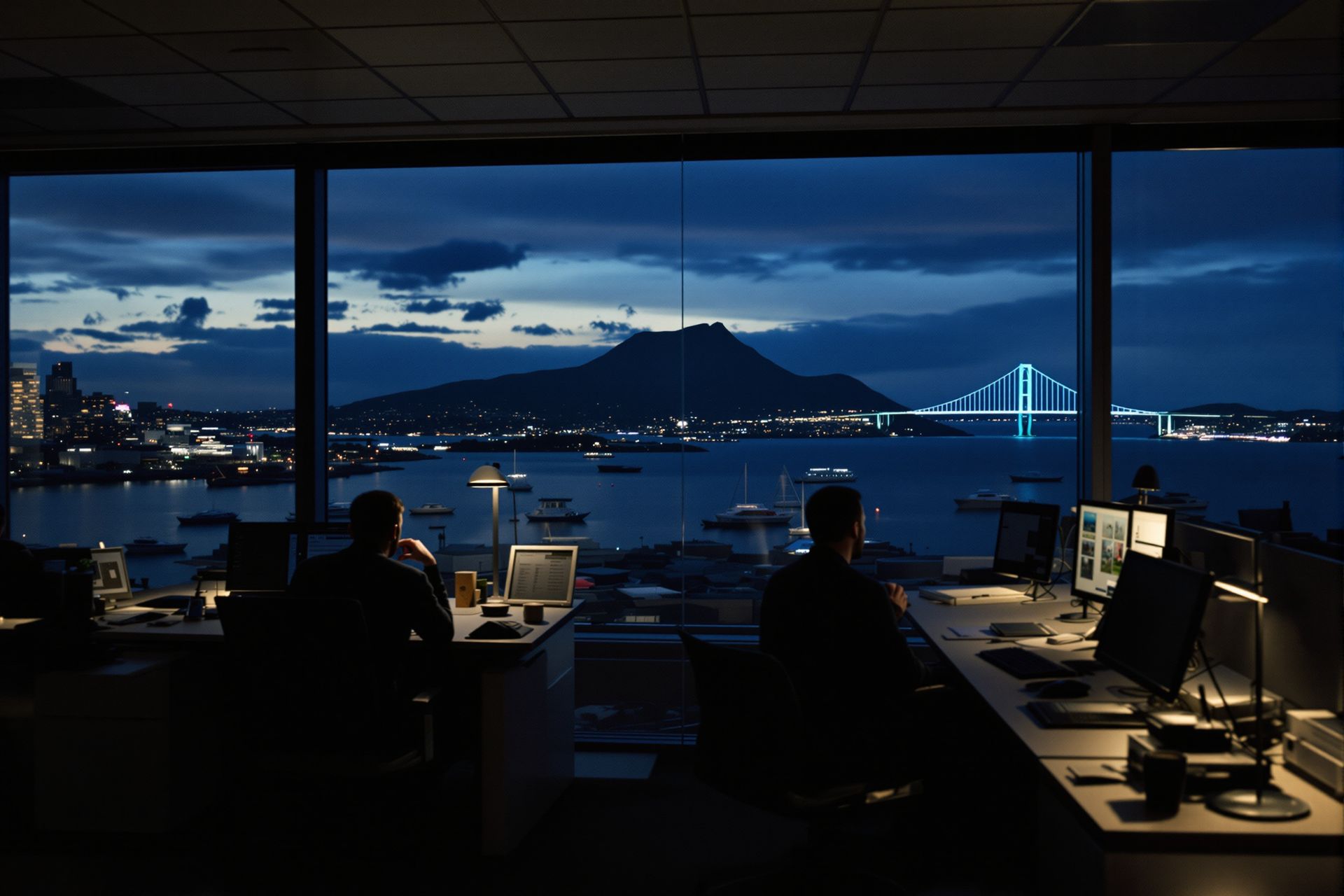 An Auckland office floor at dusk, the harbour and the bridge lit beyond the window