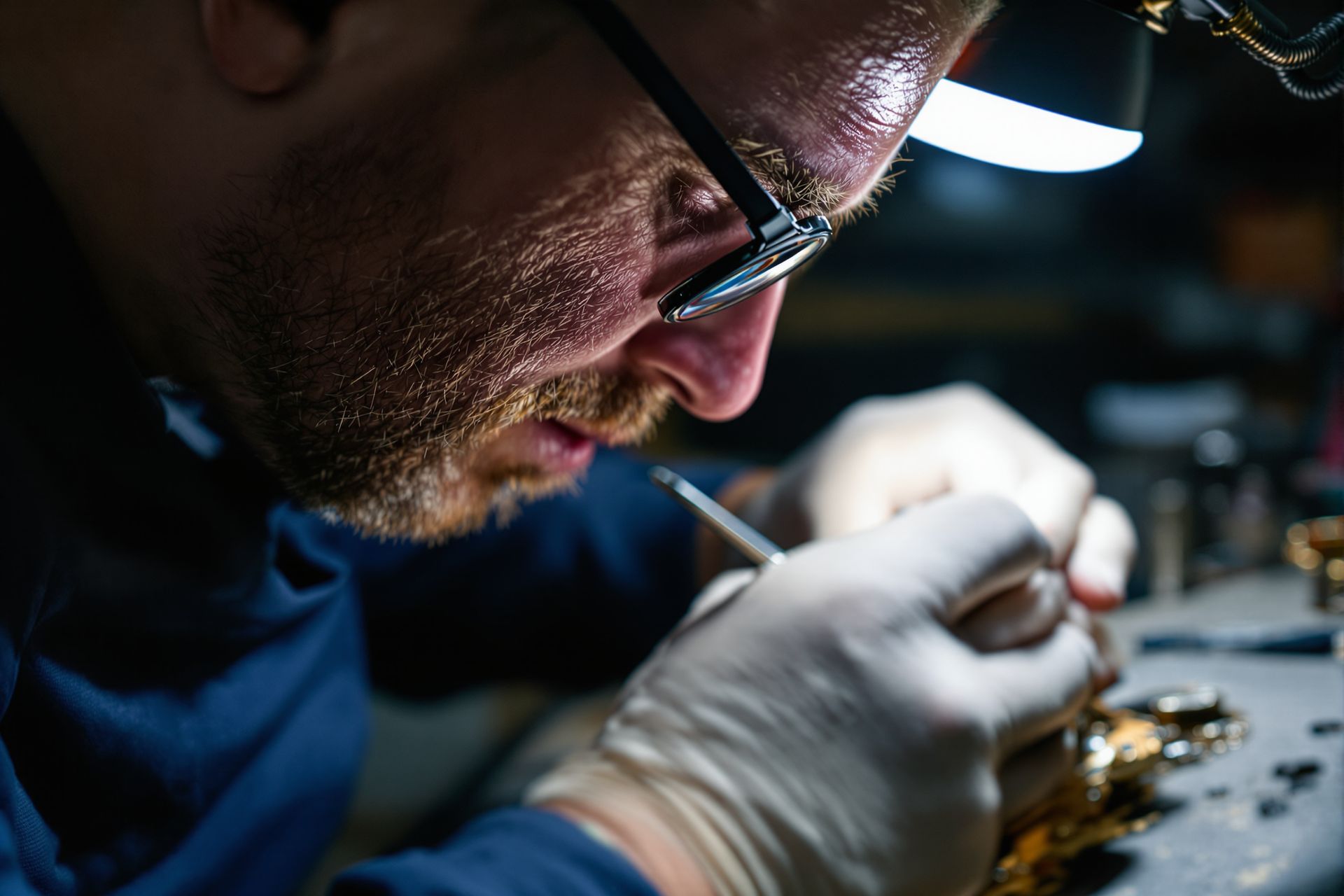 A craftsman in glasses working on small brass parts under a bench lamp