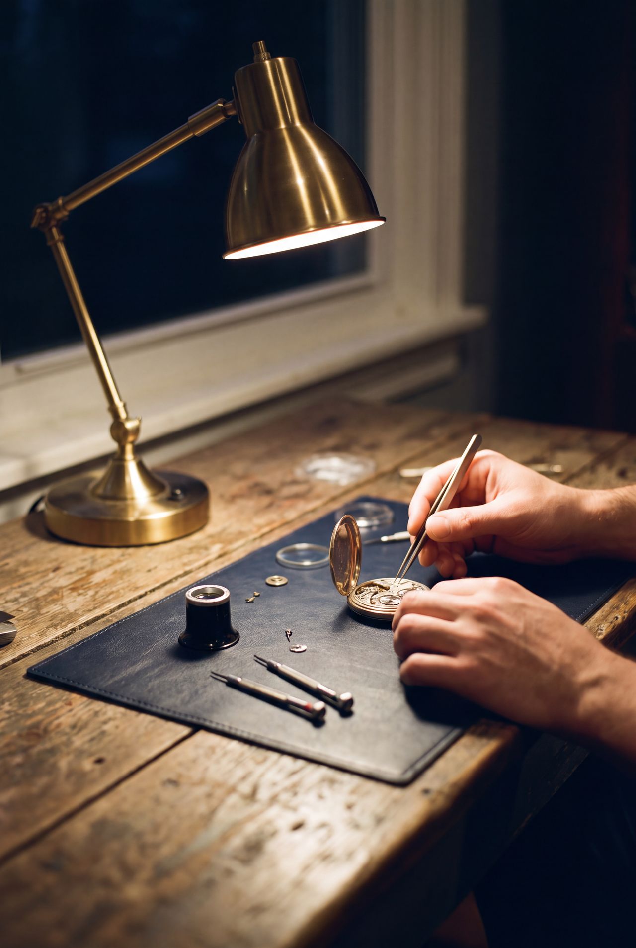 A watchmaker at the bench under a brass lamp, tweezers in hand
