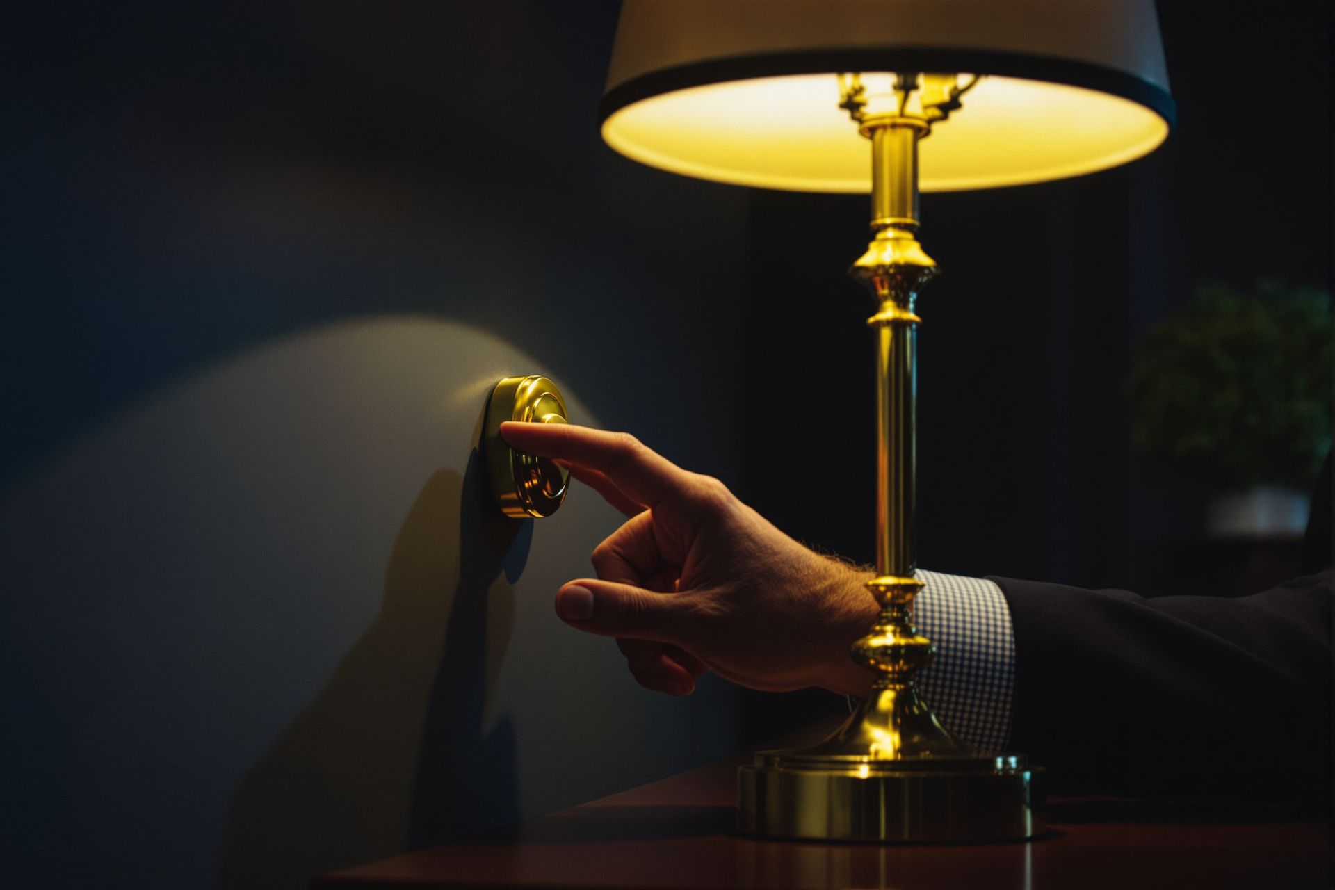 A hand switching off a brass desk lamp at dusk, work set aside