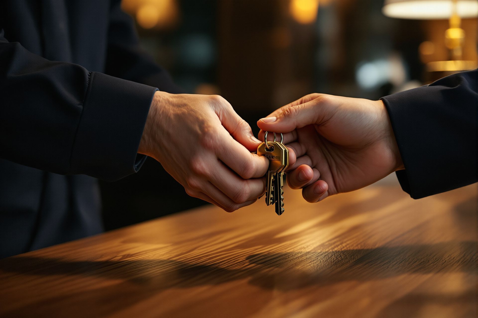 Two pairs of hands passing a set of brass keys across a walnut counter