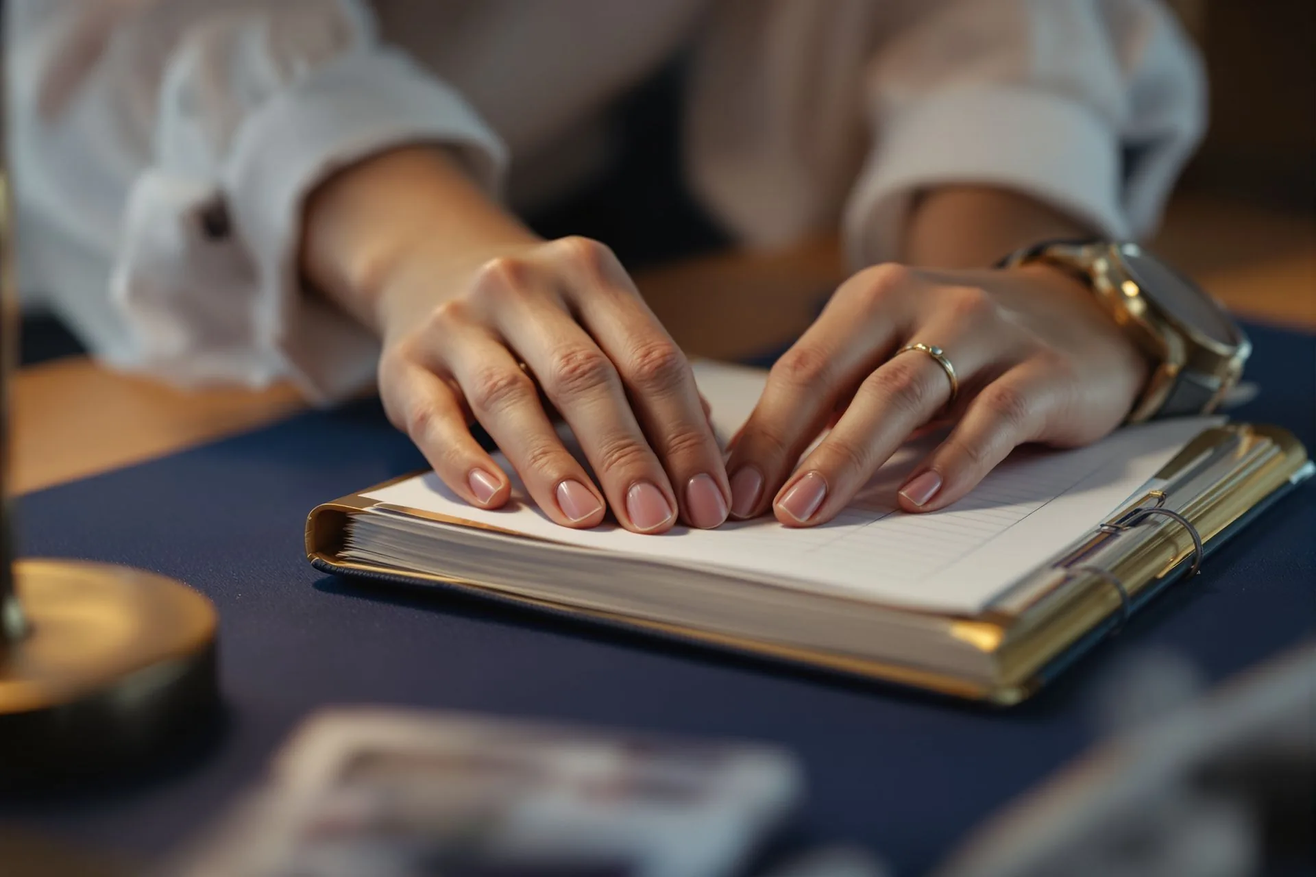Two hands resting on an open brass-bound notebook on a navy desk