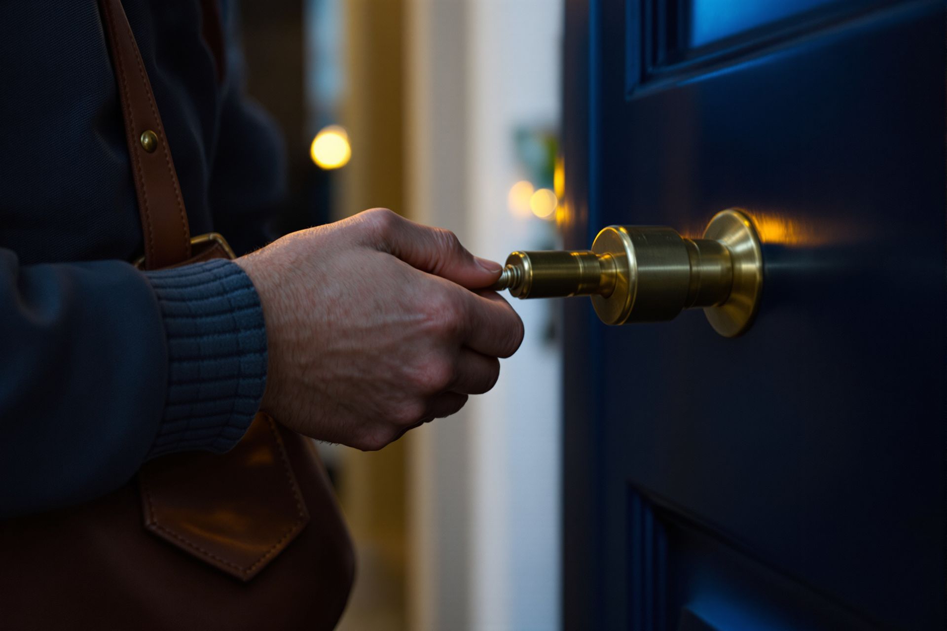 A hand turning a brass key in a navy door at dusk.