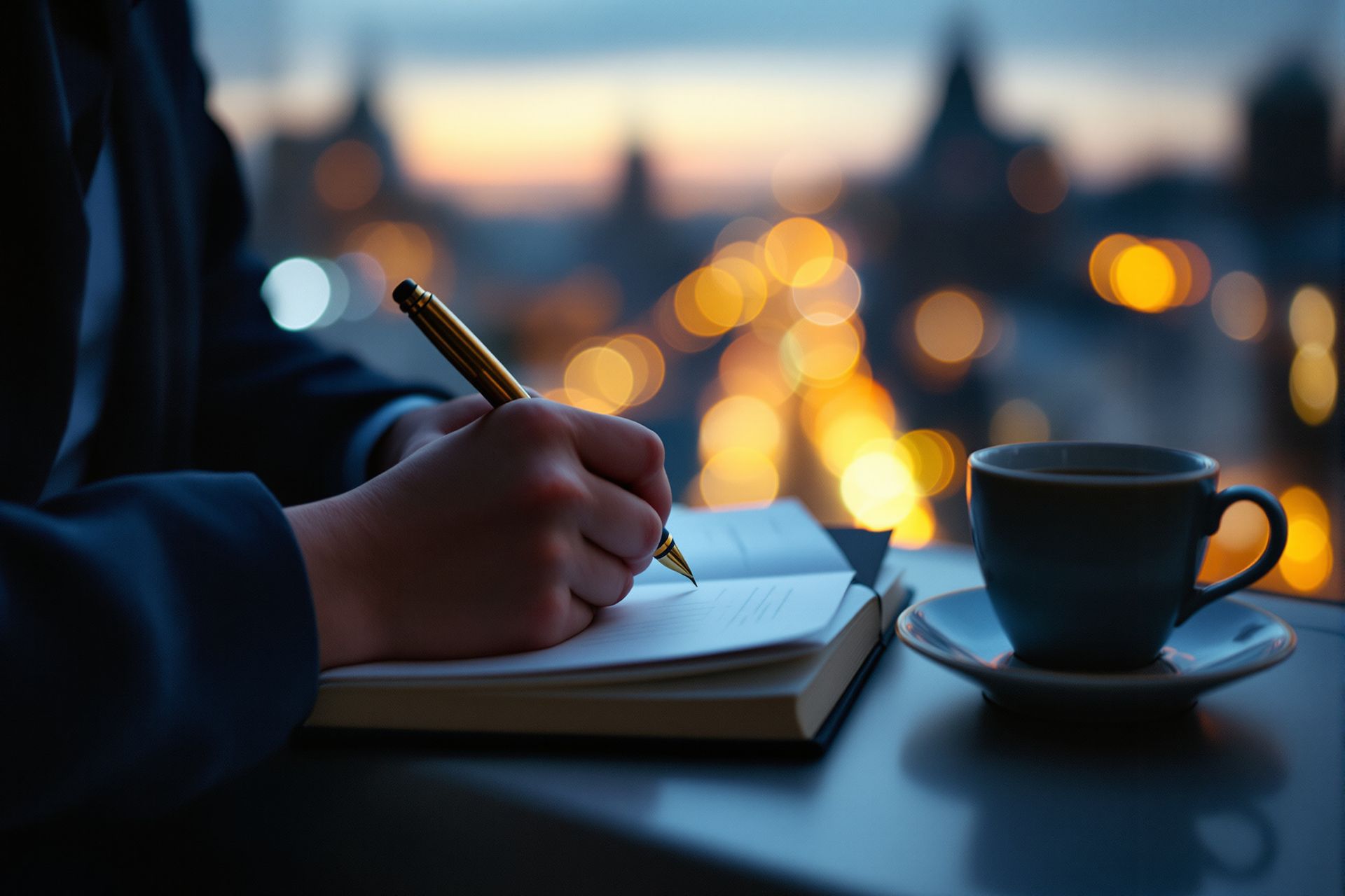 A hand writing with a brass pen in a navy notebook at a window at dusk