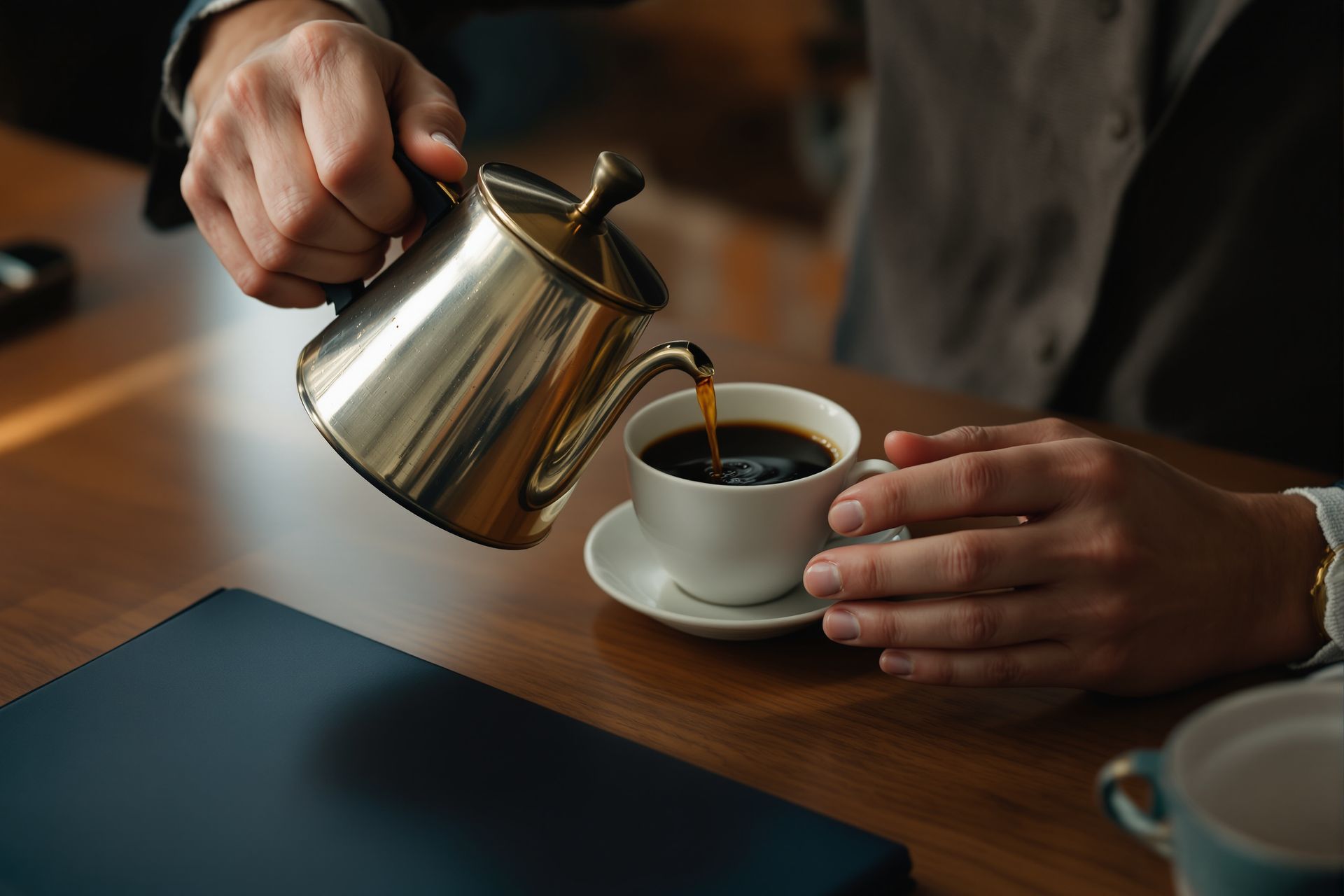 Pouring coffee at a kitchen counter at seven in the morning