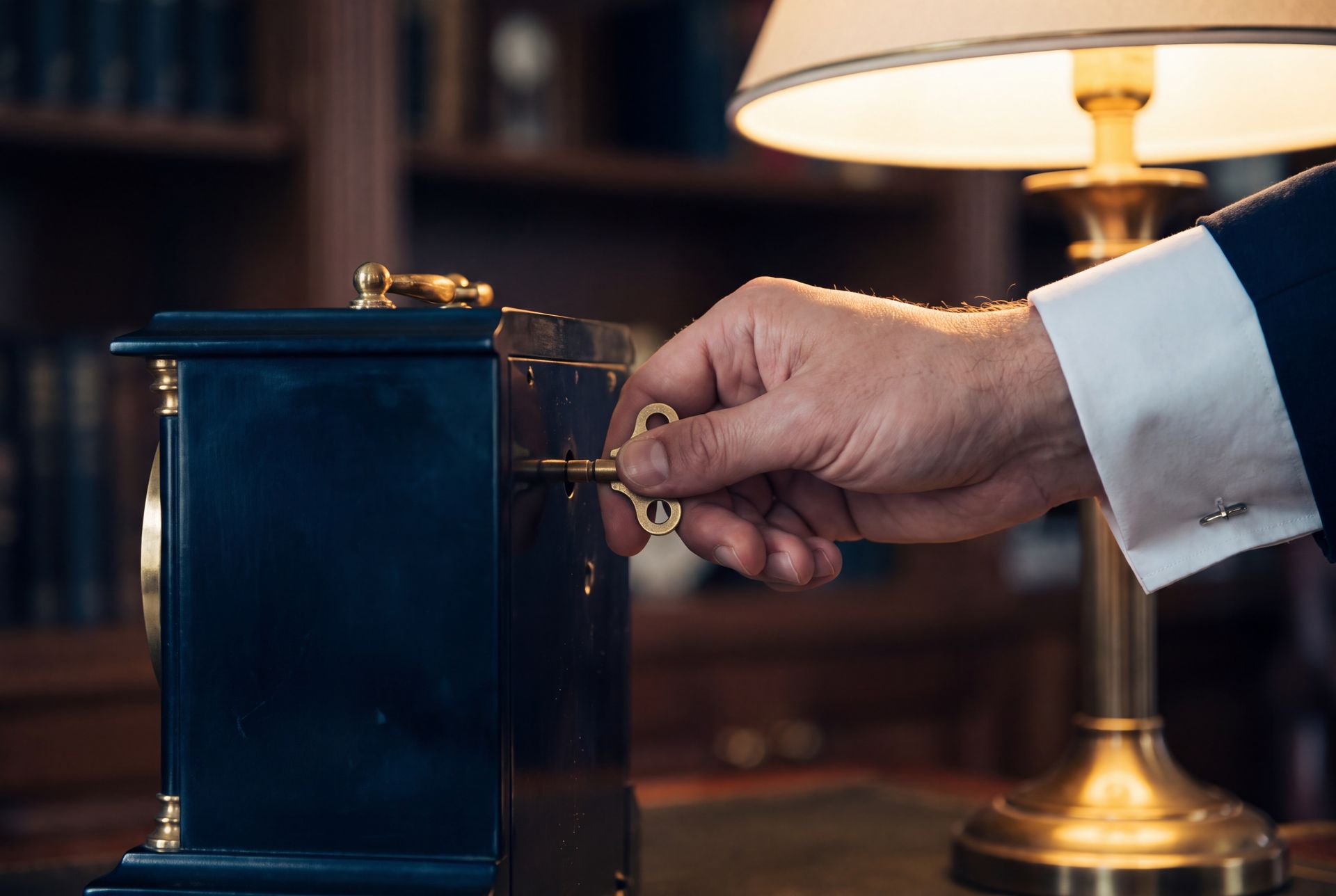 A hand winding a navy carriage clock with a small brass key, lamp light on the brass