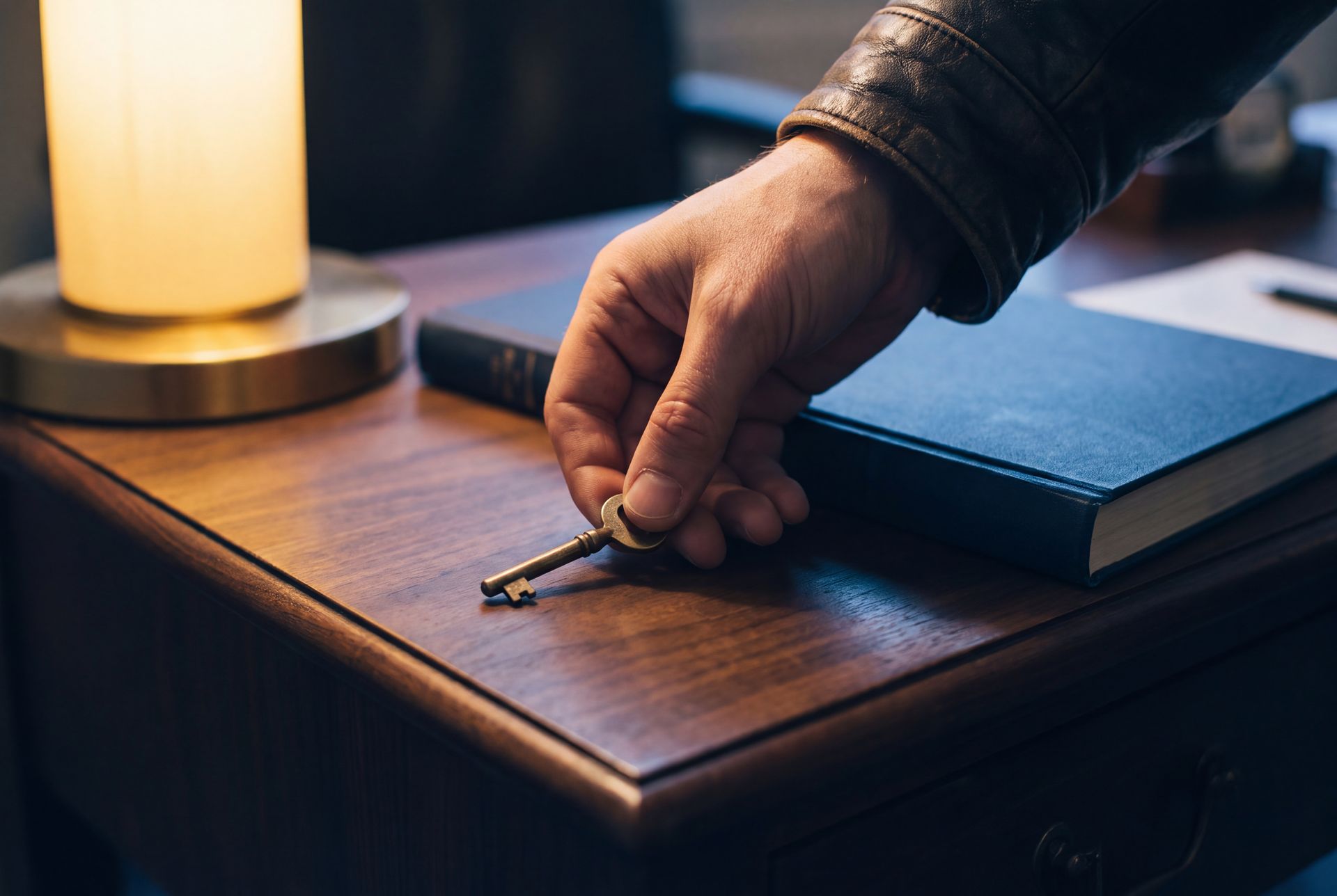 A hand setting a brass key down on a walnut desk beside a closed book, the lamp lit