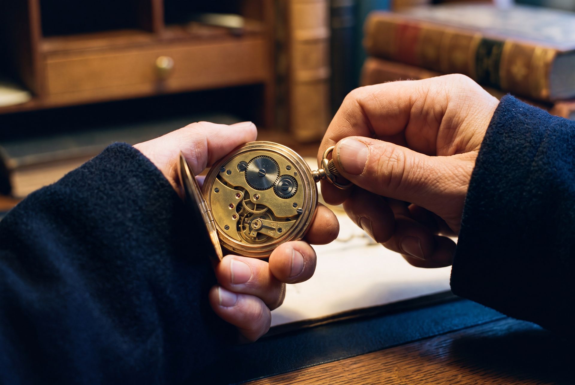 Hands winding a pocket watch, lamp light on the brass