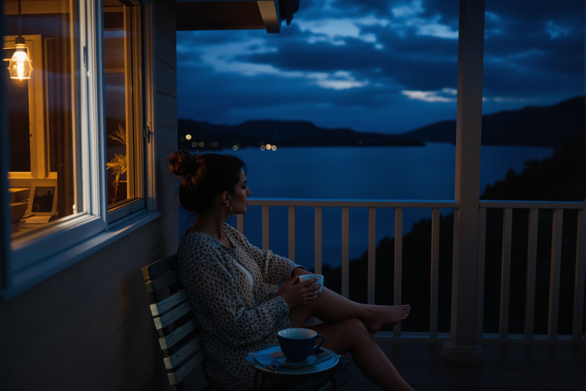 A company owner on a bach deck at dusk with a cup of tea, feet up on the rail, the sea beyond