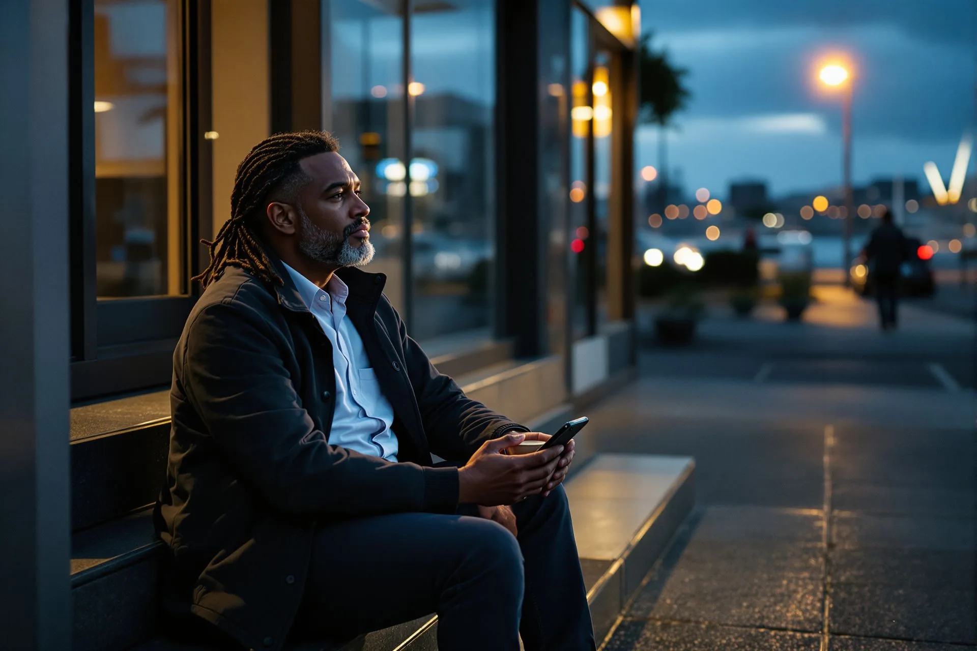 A business owner sitting on the steps outside his office at dusk, phone and coffee in hand, harbour lights behind