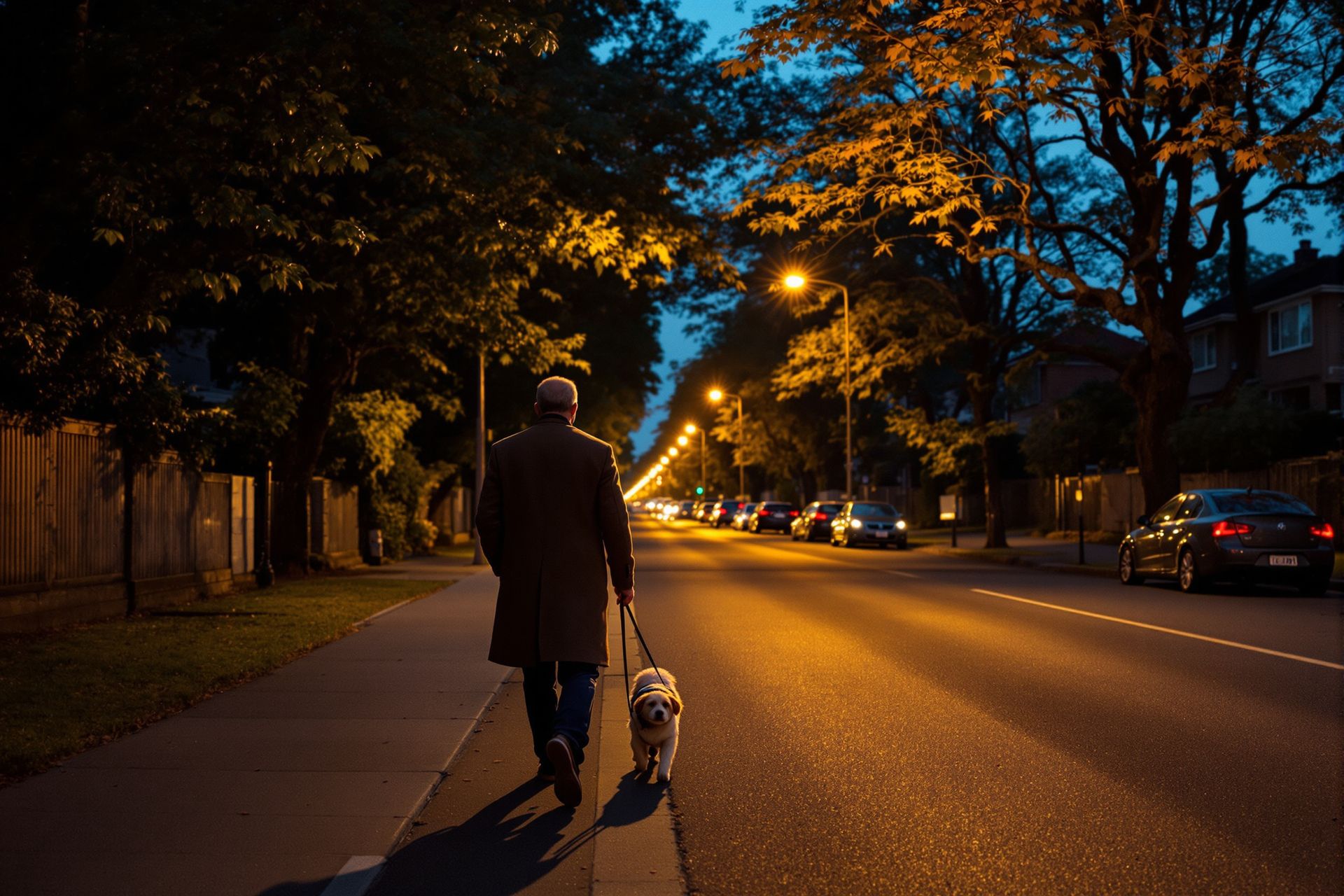 A company owner walking home at dusk with a small dog