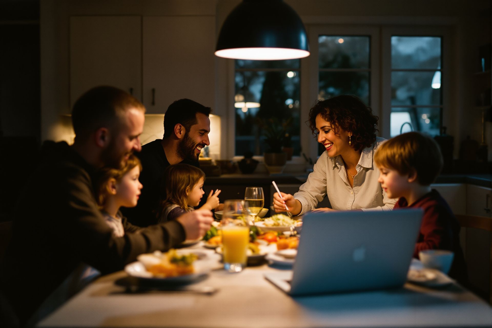 A family at the kitchen table at seven in the evening, the laptop closed on the bench behind them