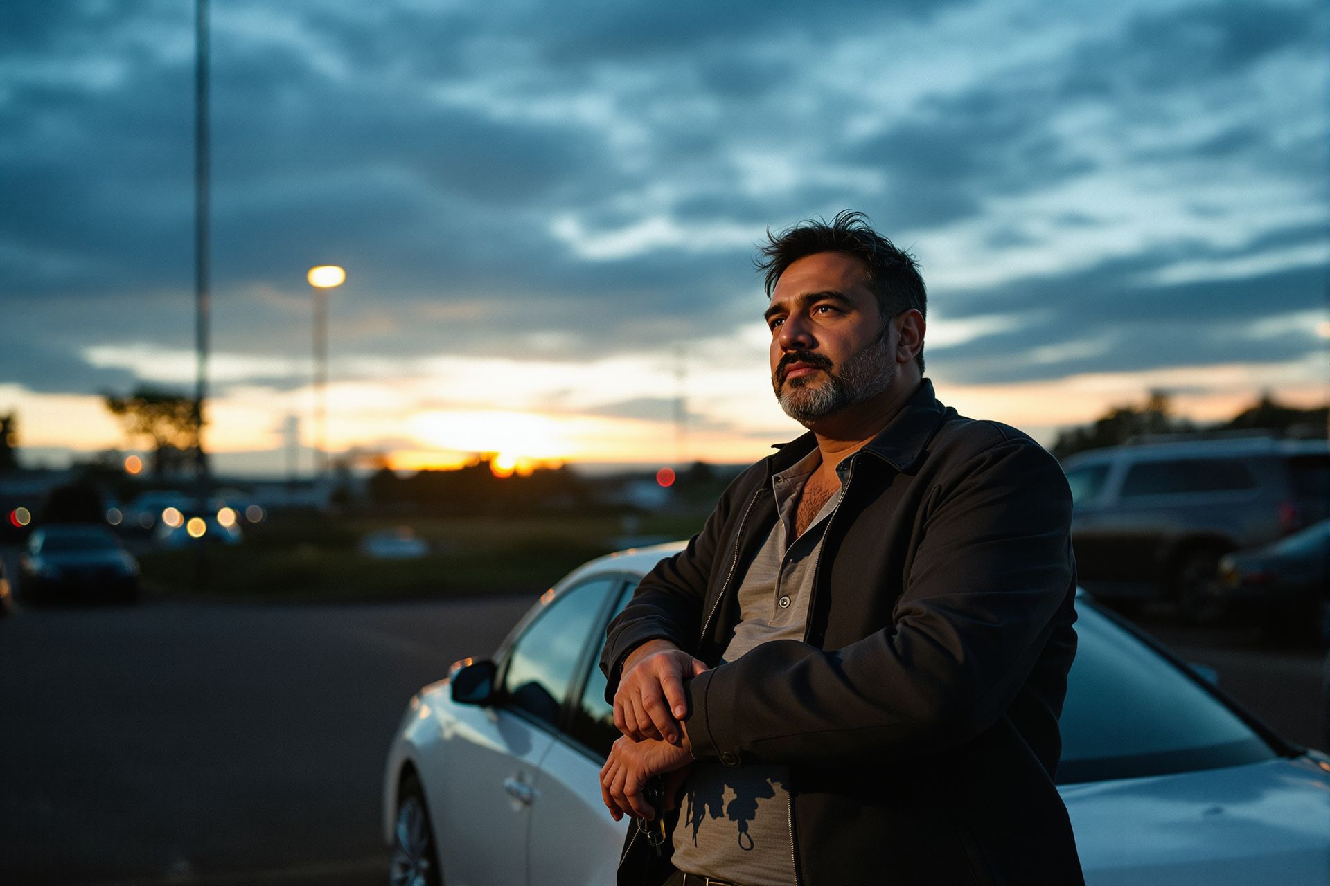 A business owner leaning on his car at dusk, keys still in hand