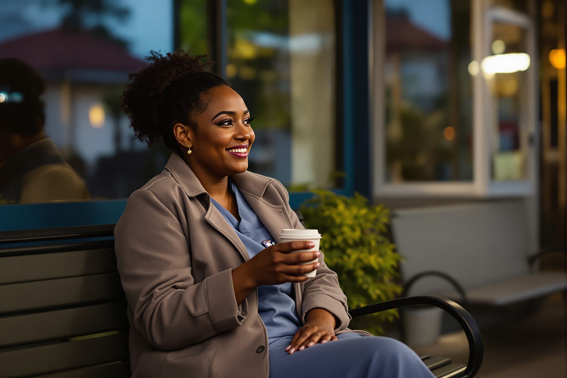 A clinic owner on a bench outside her practice at dusk