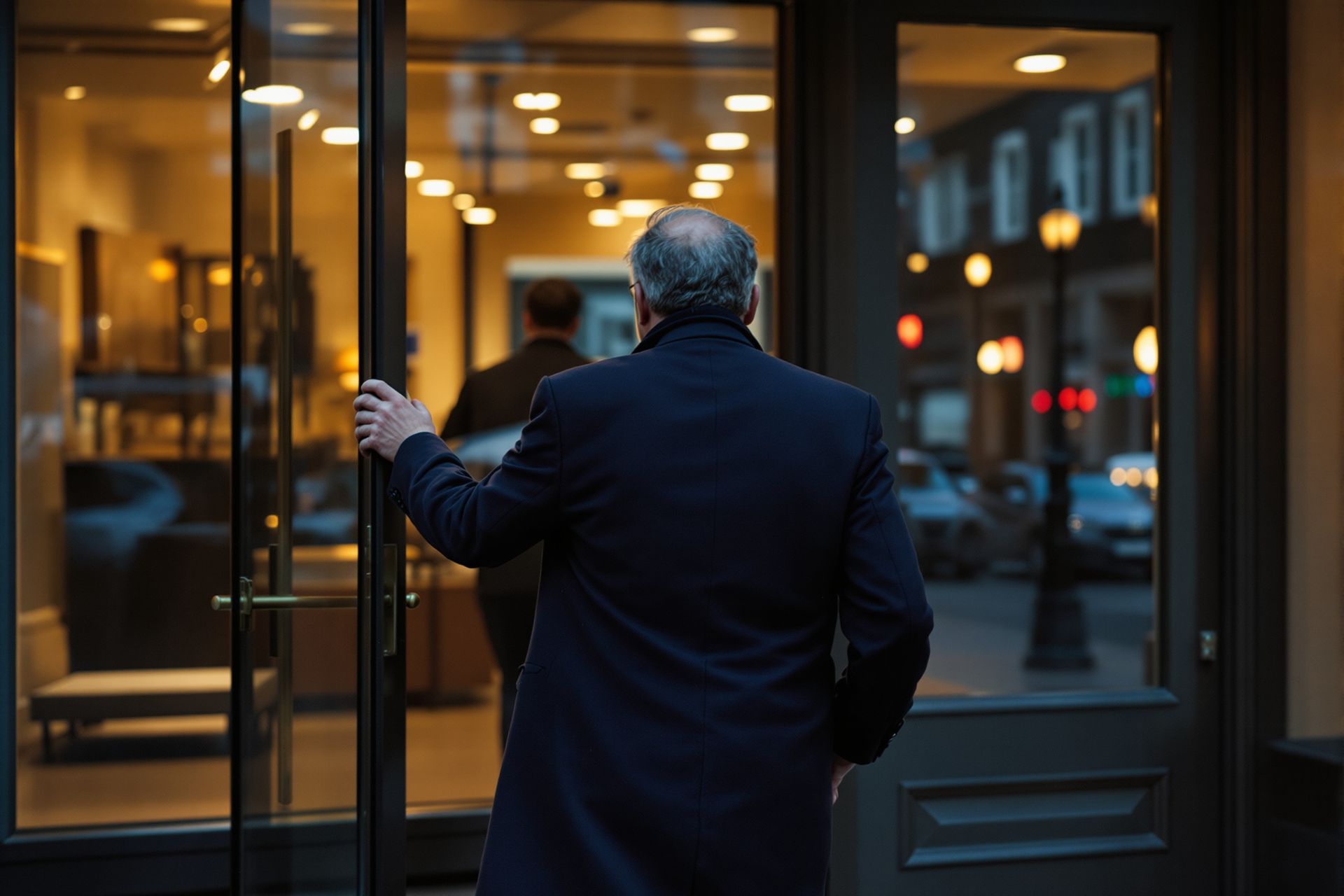 A business owner pulling the office door closed at dusk, keys in hand, bag on shoulder