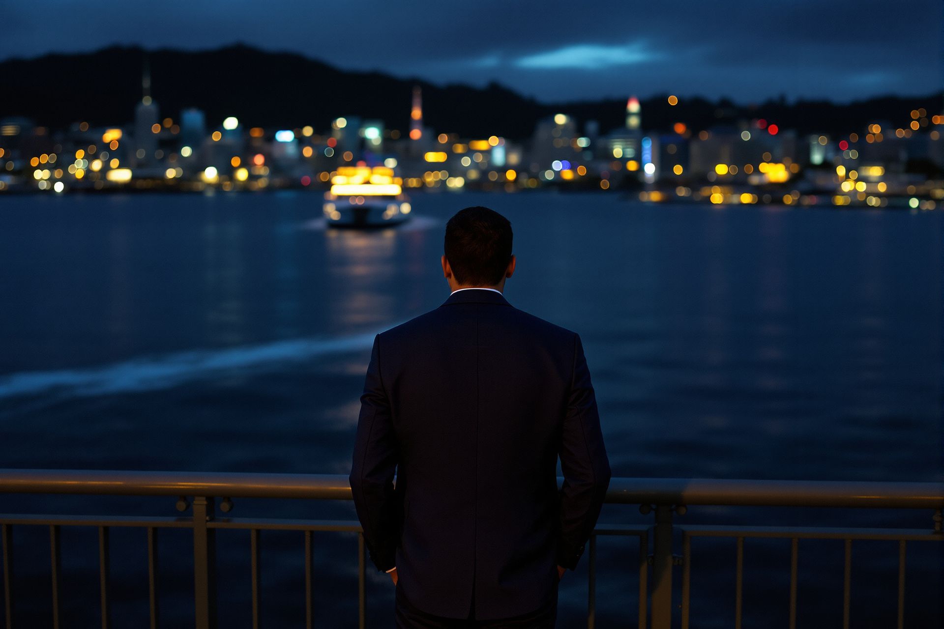 A business owner at a harbour railing at dusk, a ferry passing, the city lights warm