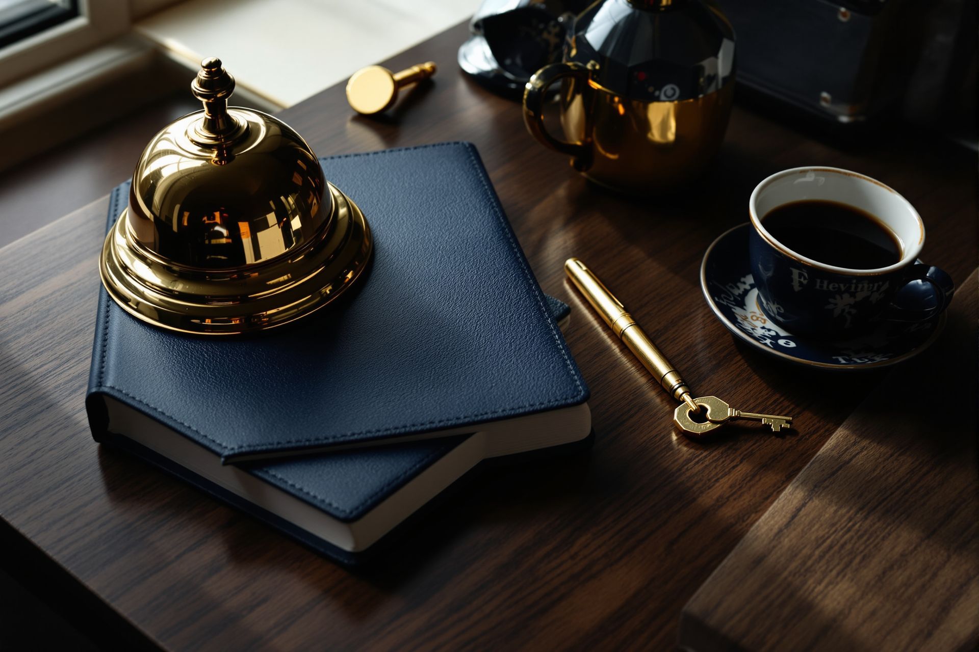 A brass service bell, a navy ledger, a brass key and a cup of coffee on a walnut desk