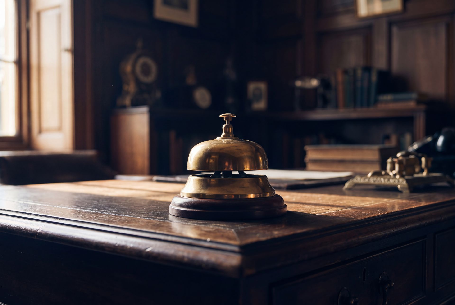 A polished brass service bell on a desk in a study, books soft behind