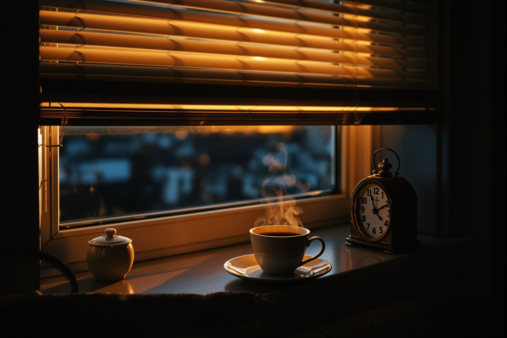 A brass carriage clock and a cup of coffee on a window sill at dawn, the blind half drawn