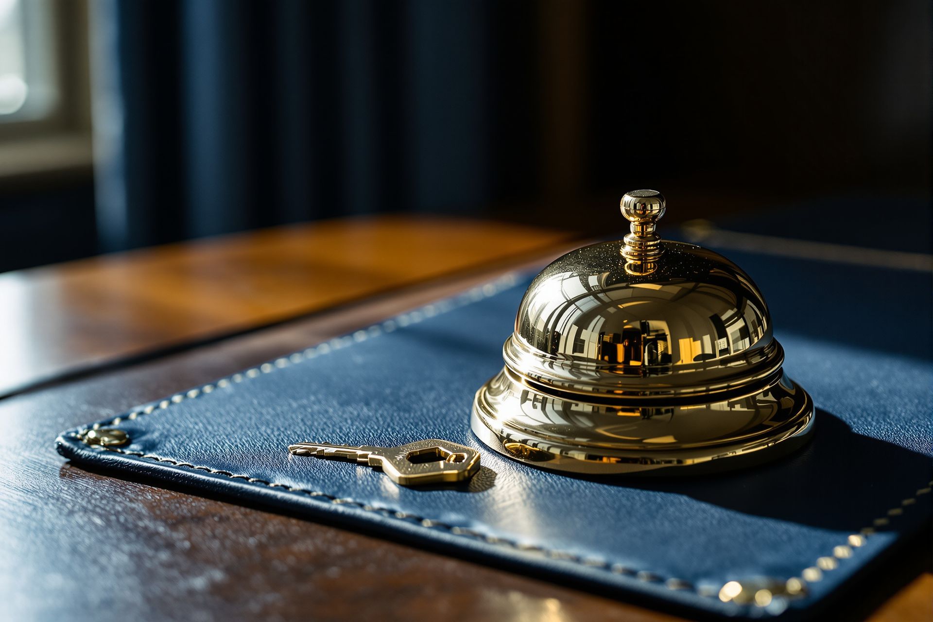 A brass service bell and a brass key on a navy blotter, close