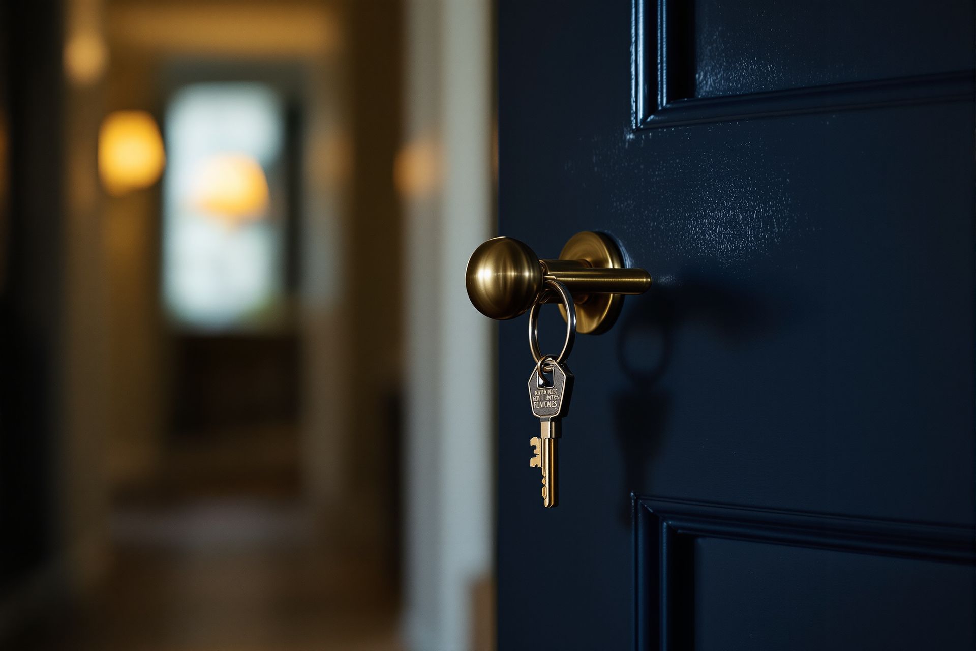 A brass door handle and key in a navy door