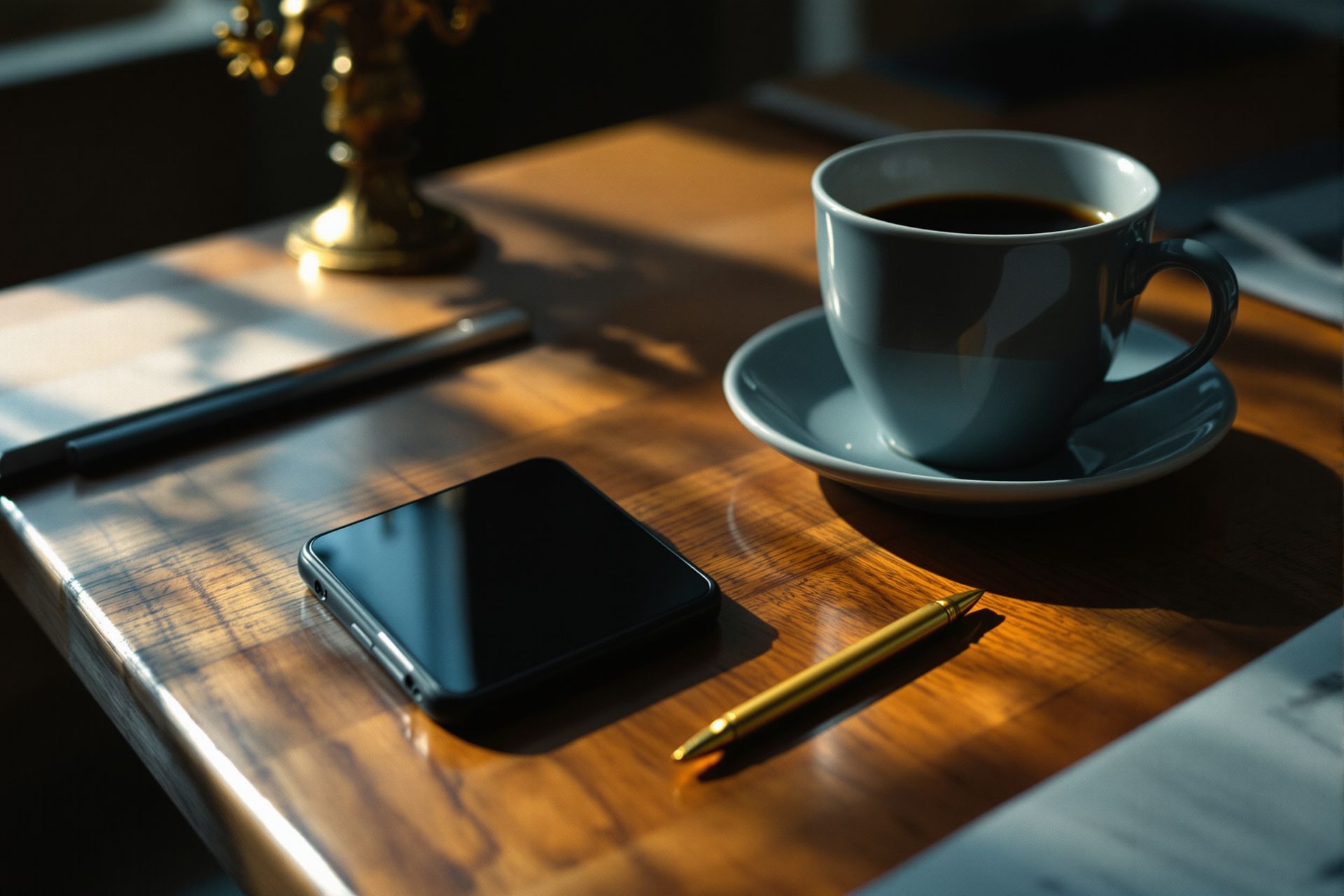 A phone face down beside coffee and a brass pen on a walnut desk at seven in the morning
