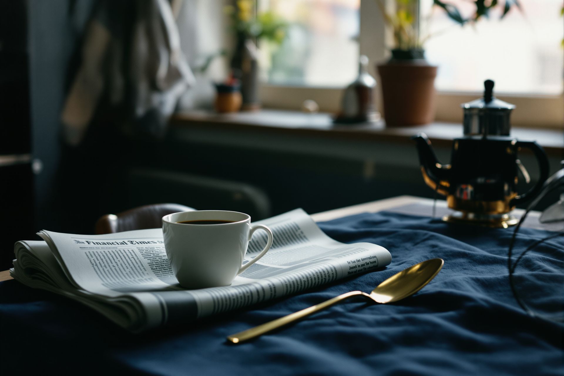 A folded newspaper and a cup of coffee on navy linen, early light