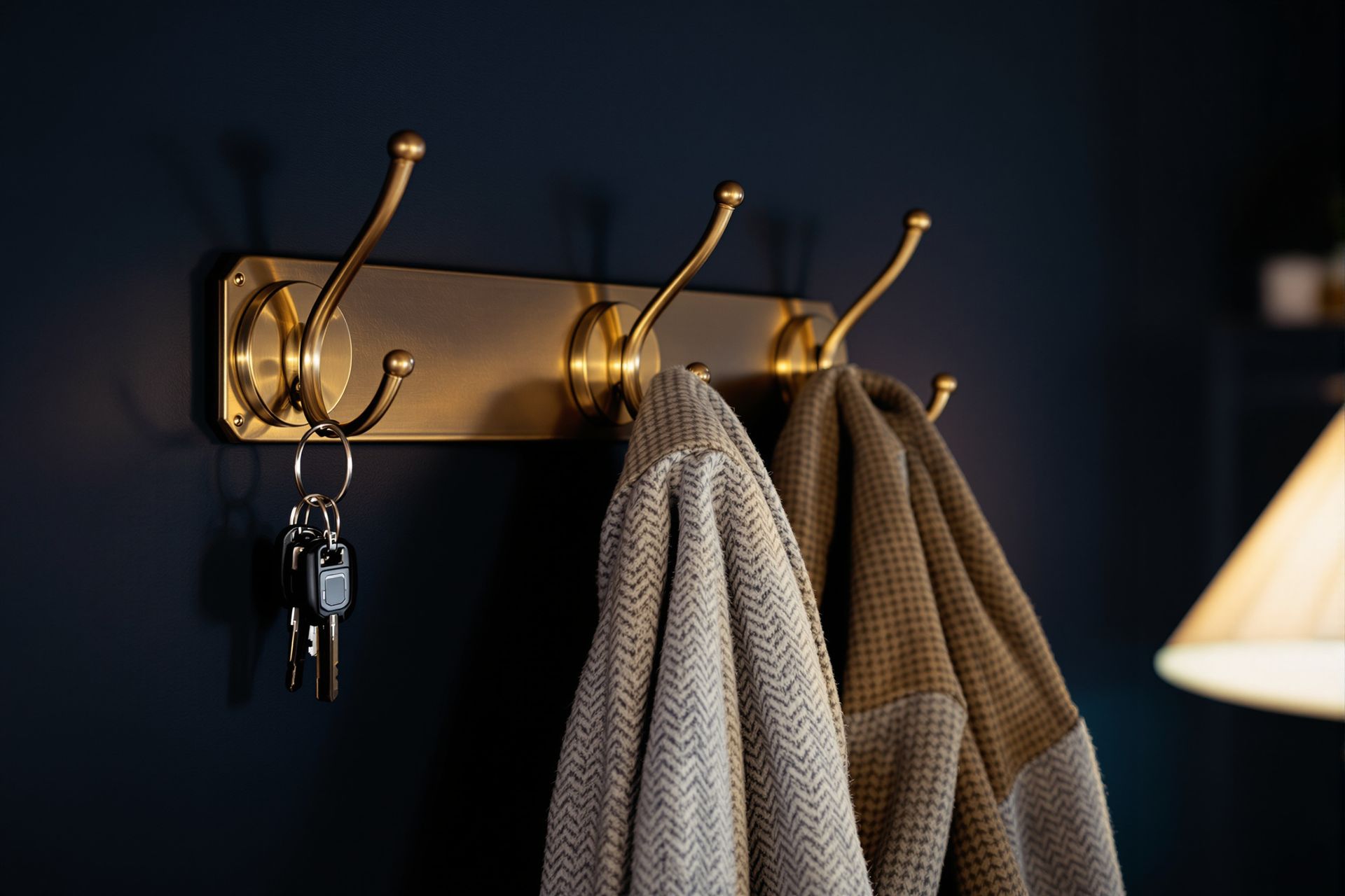 Brass coat hooks on a wall, one wool coat hung, a set of keys beside it