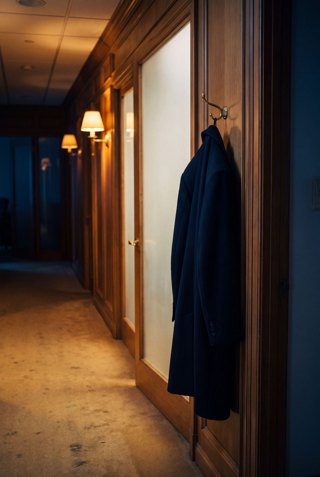 A wool coat on a brass hook in a dim hallway, the office lamp still on beyond