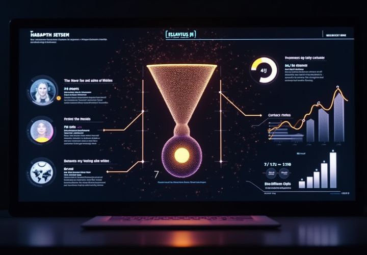 A computer monitor displays a data visualization dashboard with charts, graphs, and profile icons, including a glowing funnel graphic in the center highlighting Old Customer AI Conversion.