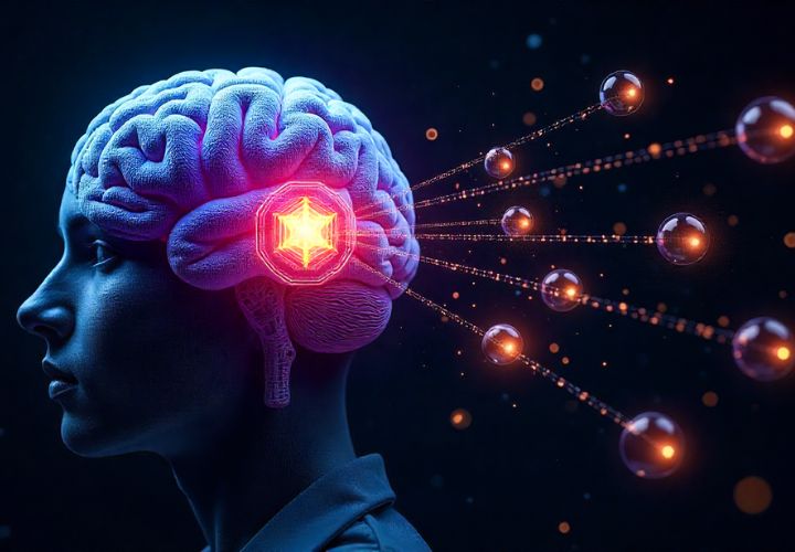 A digital illustration of a human head in profile with a glowing highlighted area in the brain, symbolizing cold database psychology strategies and emitting light connected to floating orbs.