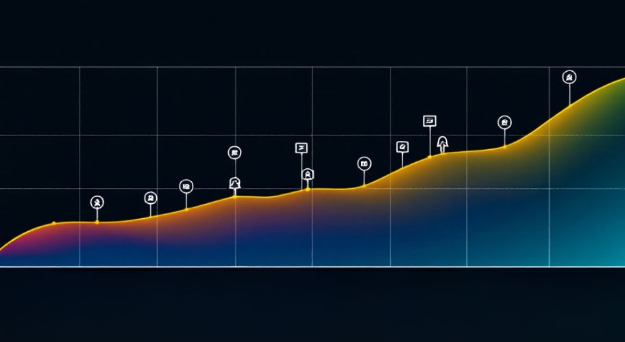 A colorful line graph with multiple data points marked by icons, showing how to scale lead volume without burnout, set against a dark background.
