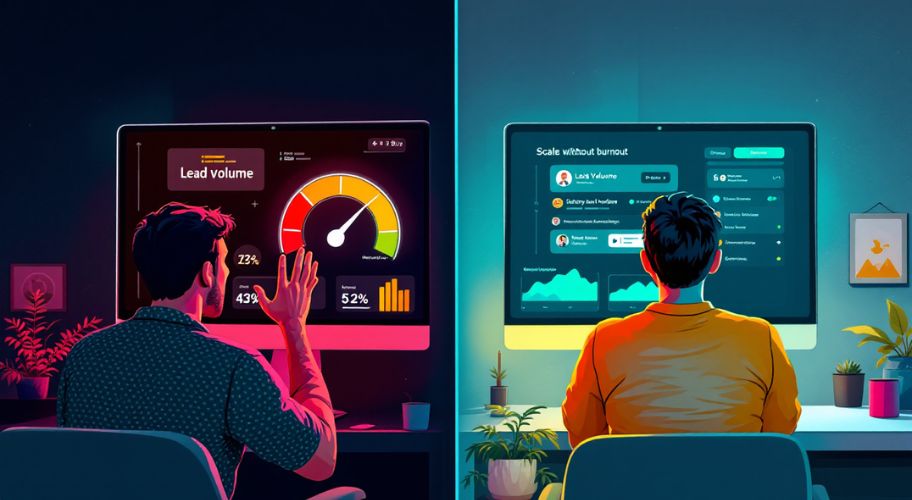 Two people sit at separate desks, each facing a computer displaying colorful dashboard analytics and charts in modern home office settings, showcasing how to scale lead volume without burnout.