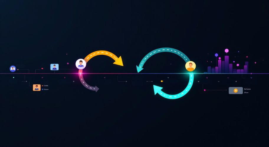 A digital illustration shows a workflow with user icons, arrows forming a cycle, and data chart elements on a dark background, representing how to scale lead volume without burnout through efficient process or data exchange.