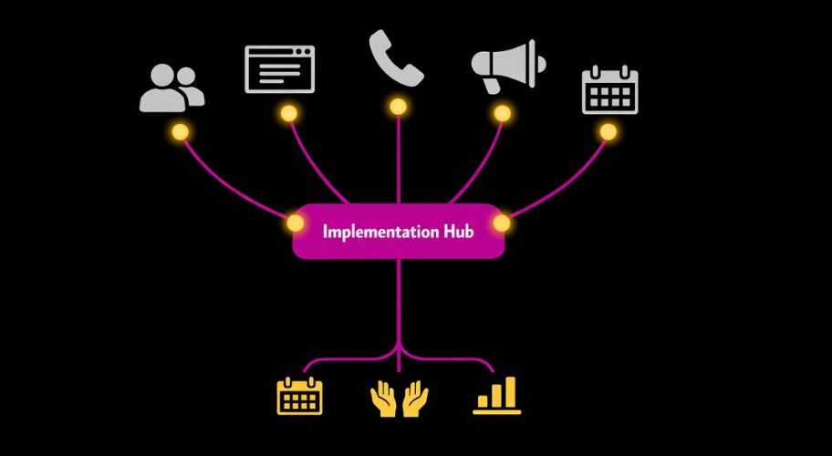 Diagram showing "Implementation Hub" at the center, connected to icons for people, web page, phone, megaphone, calendars, hands, and a bar graph, highlighting an instant call answering system for seamless communication.
