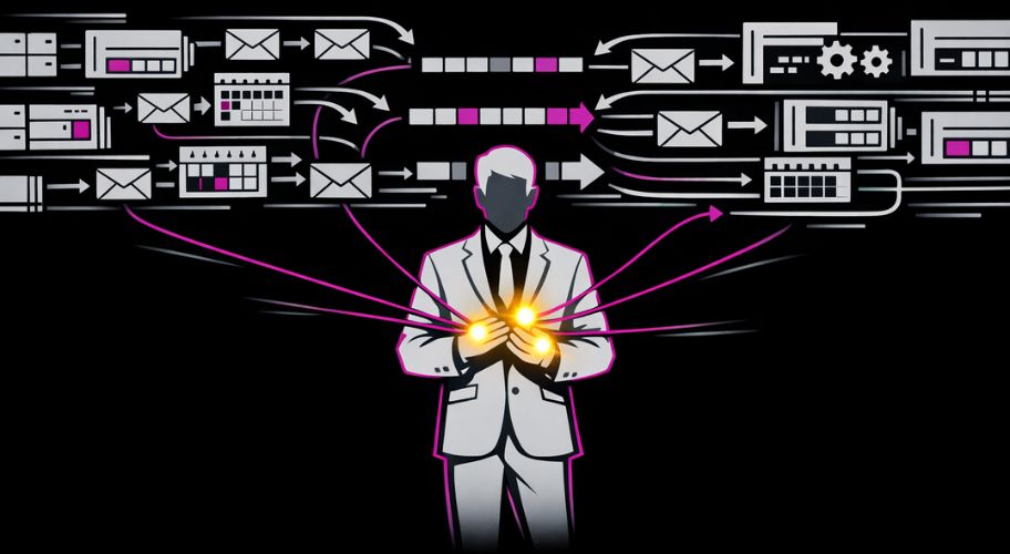 A person in a suit holding glowing orbs, with abstract diagrams and arrows behind them representing data processing and the power of instant call answering systems for seamless workflow automation.