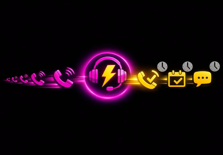 A neon headset with a lightning bolt is surrounded by phone, clock, calendar, and chat icons on a black background, symbolizing efficient communication with an instant call answering system for seamless scheduling.