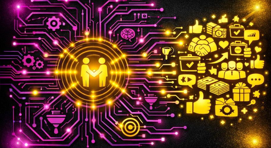 Digital illustration of two figures shaking hands at the center of interconnected circuits, with icons for technology, social media, and business, highlighting seamless Competitor Enquiry Handling on a striking black and yellow background.