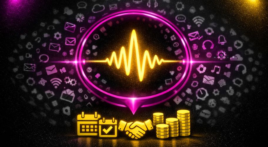 A glowing yellow pulse wave inside a pink circle is surrounded by digital icons, highlighting After-Hours Enquiry Handling, with calendar, handshake, and coin stack icons at the bottom to emphasize staying ahead of competitors.