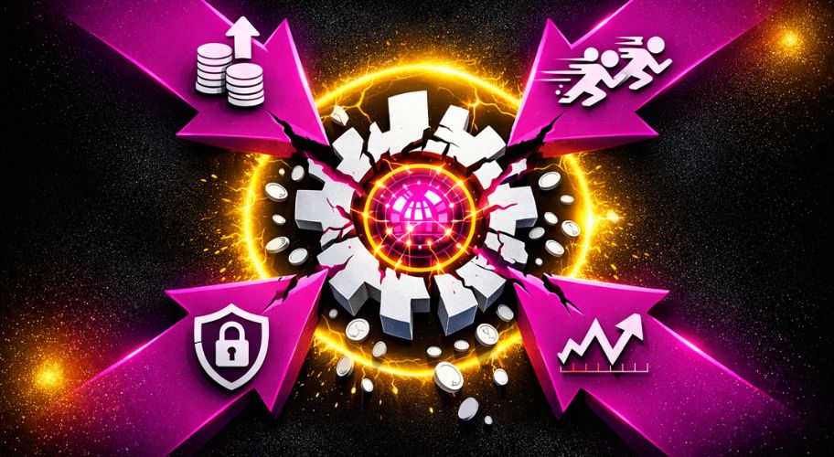 A glowing sphere in the center, surrounded by breaking ground and coins, with four pink arrows featuring icons: money stack, running figures, a lock, and an upward graph, illustrating an inconsistent lead pipeline.